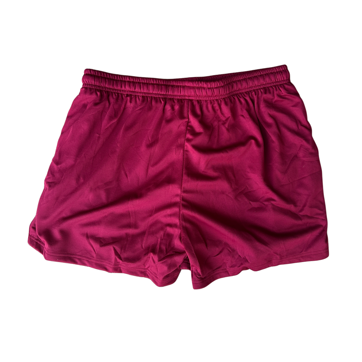 Back view of plain dark red athletic shorts 