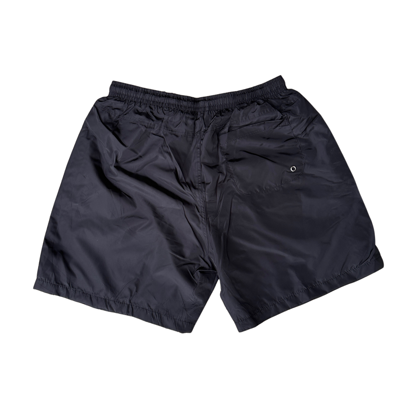 Back view of plain black shorts 