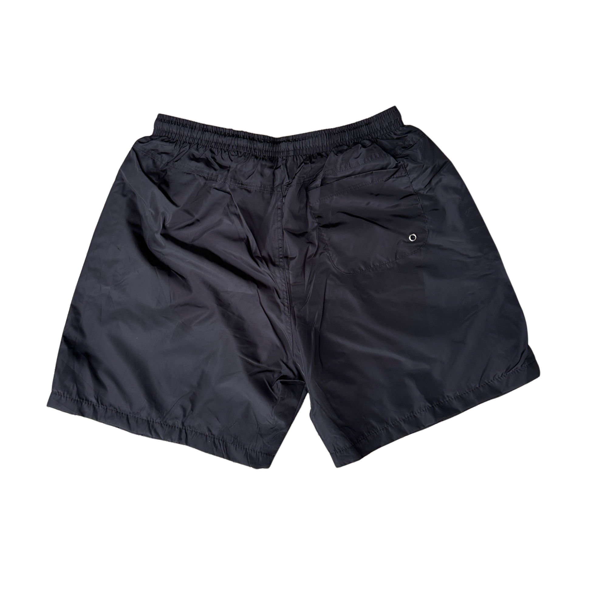 Back view of plain black shorts 