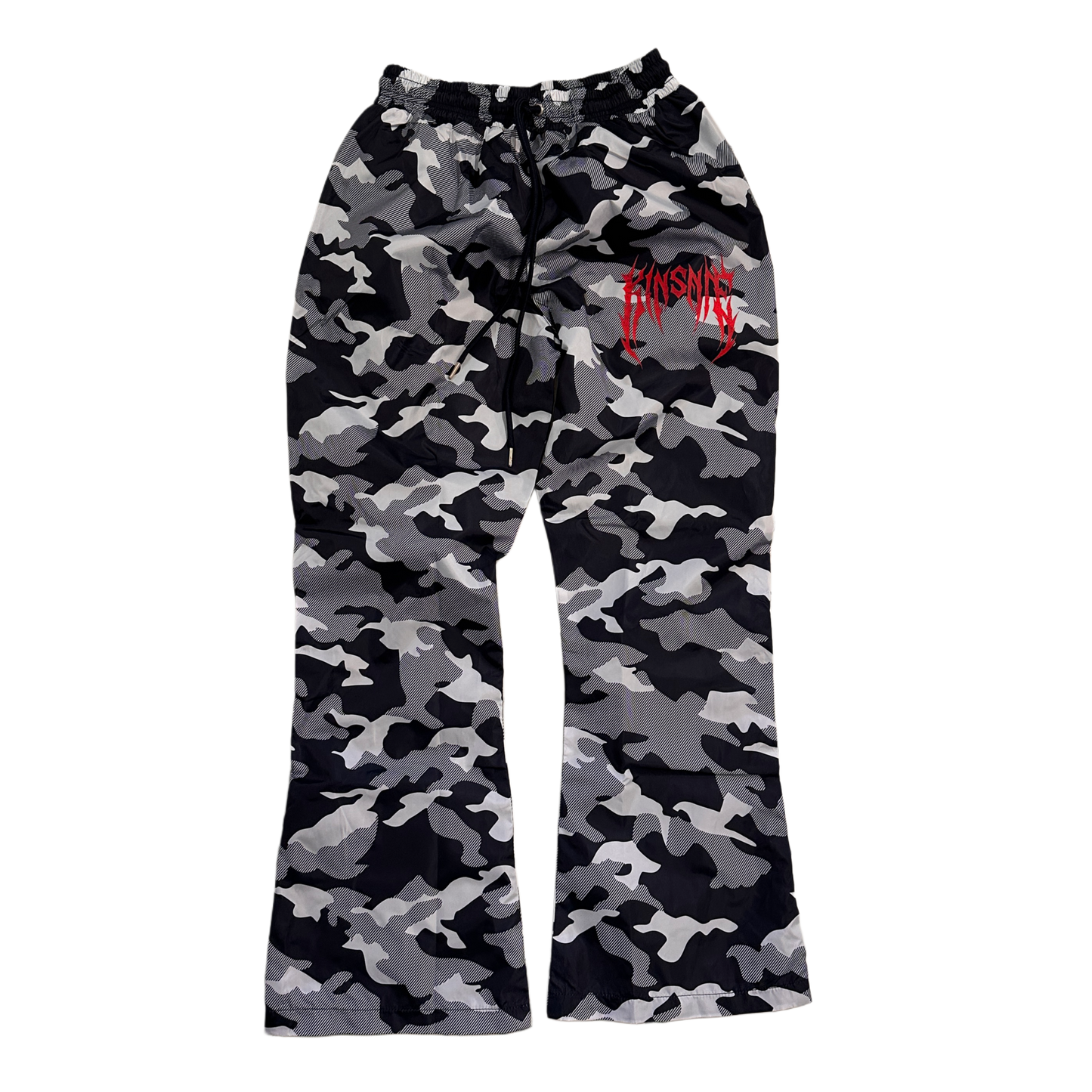 Camo baggy sweatpants with red tribal lettering on the right side reading “KINSANE” 