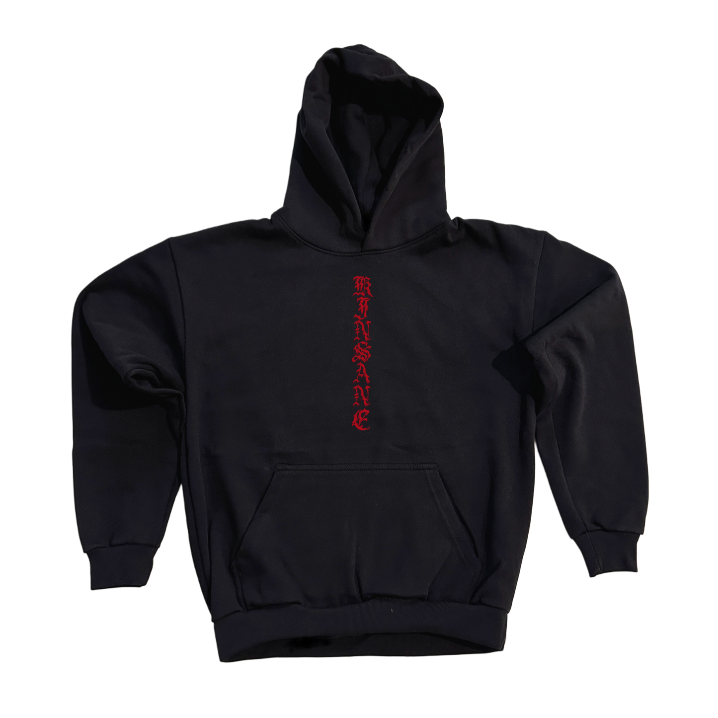 Black hoodie with red lettering reading “KINSANE” in the center 