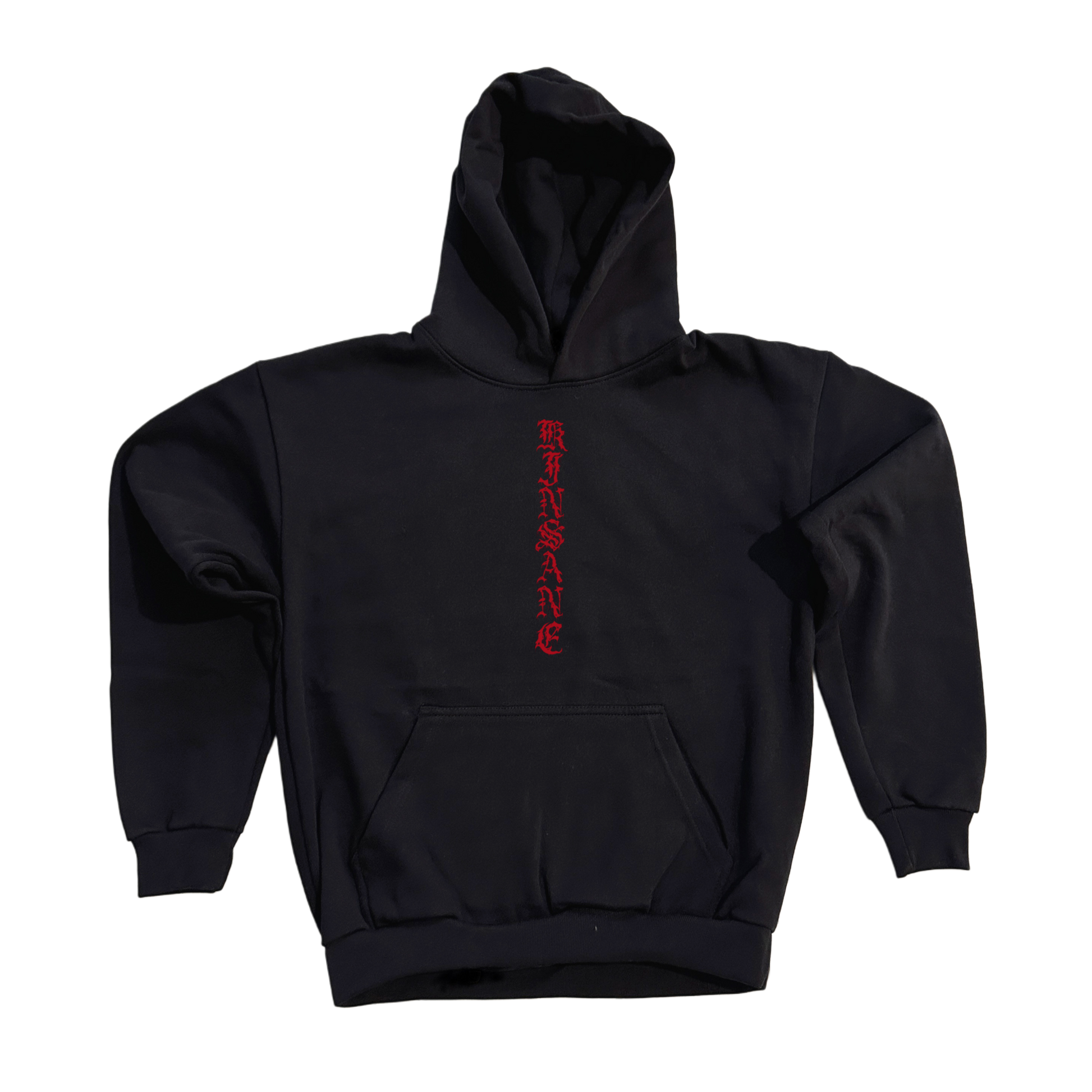 Black hoodie with red lettering reading “KINSANE” in the center 