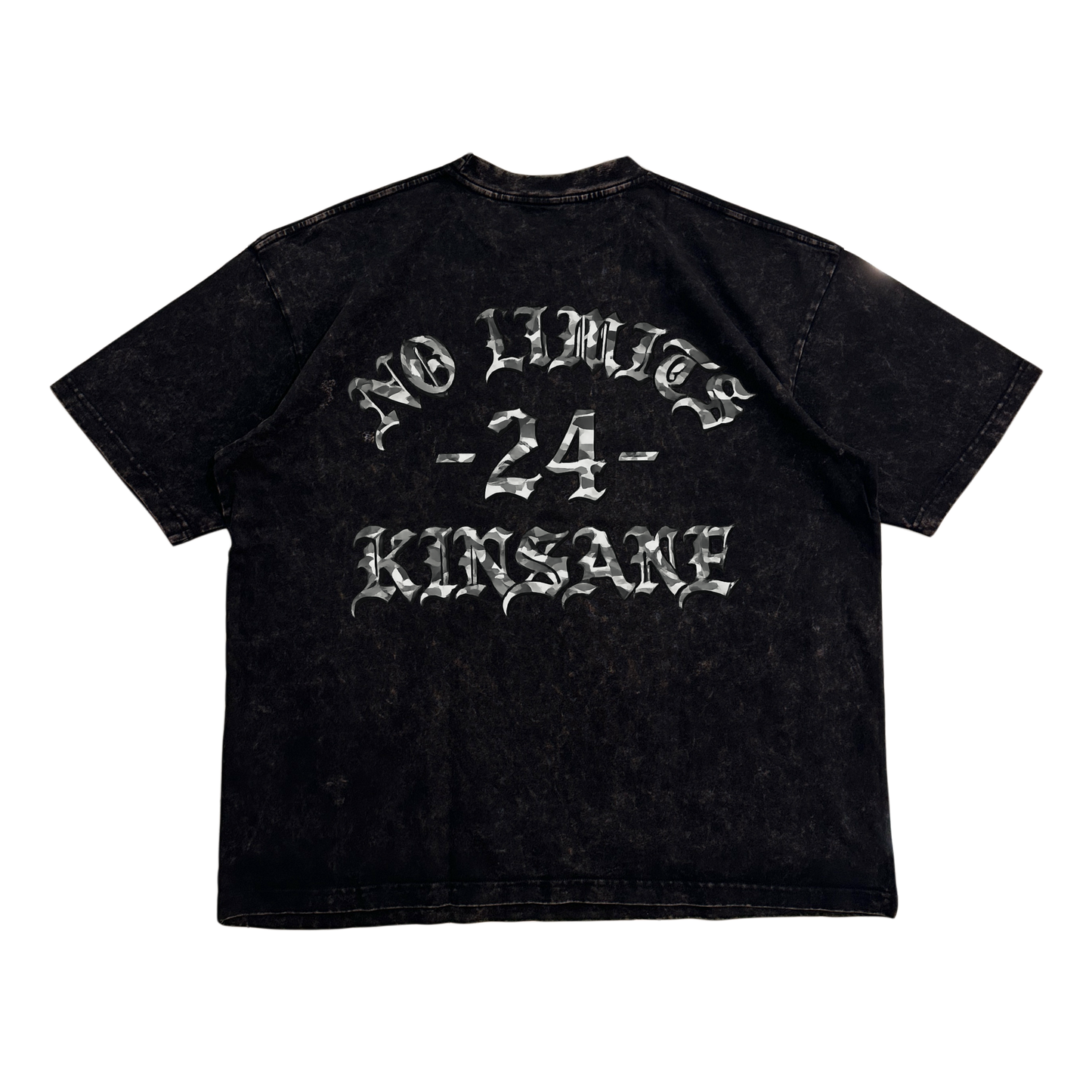 Back view of a black acid washed t shirt with camo filter text reading “NO LIMITS -24- KINSANE” 