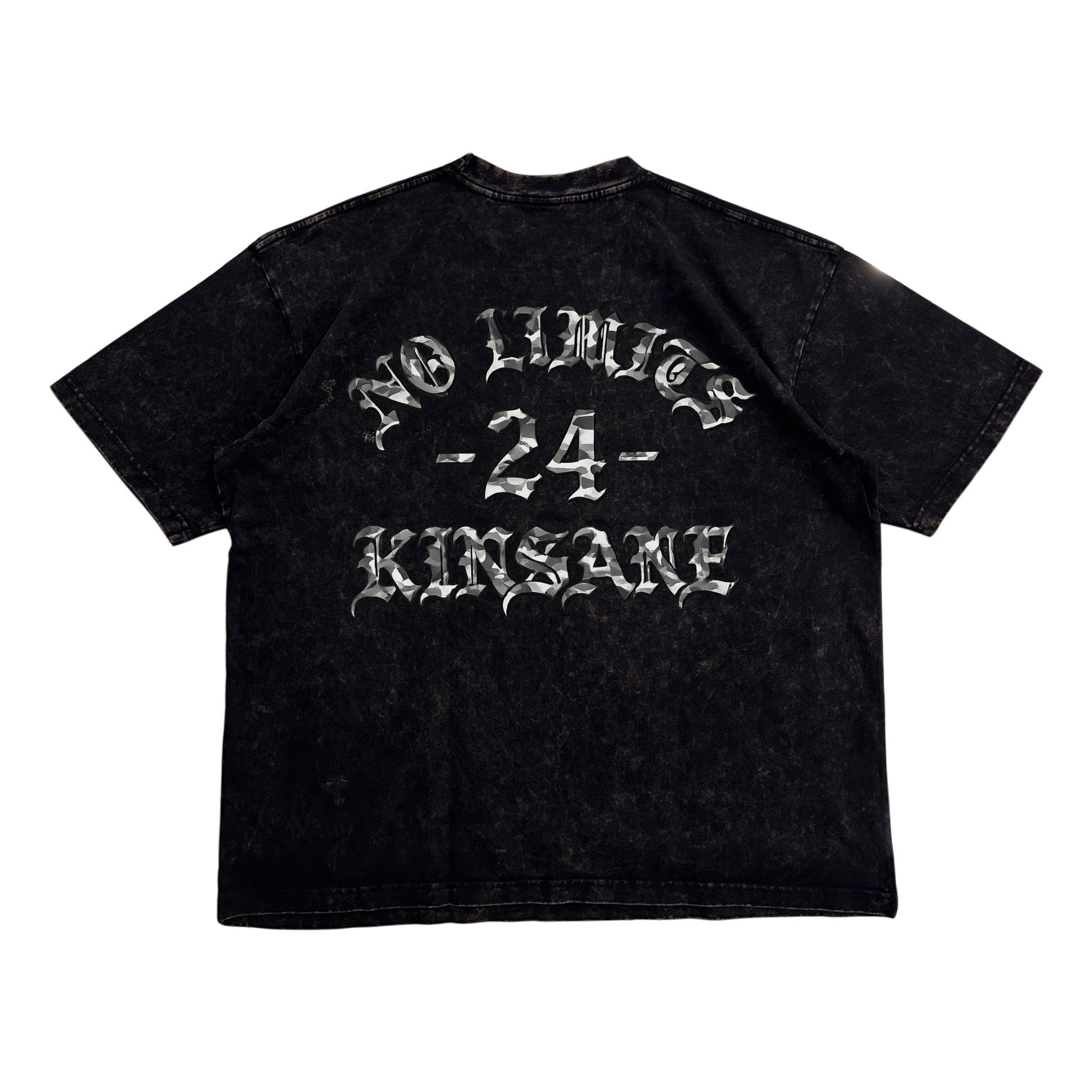 Back view of a black acid washed t shirt with camo filter text reading “NO LIMITS -24- KINSANE” 