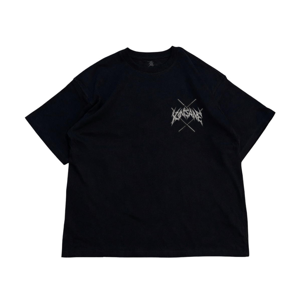 Black t shirt with gray lettering reading “KINSANE” on top of black bars crossing 