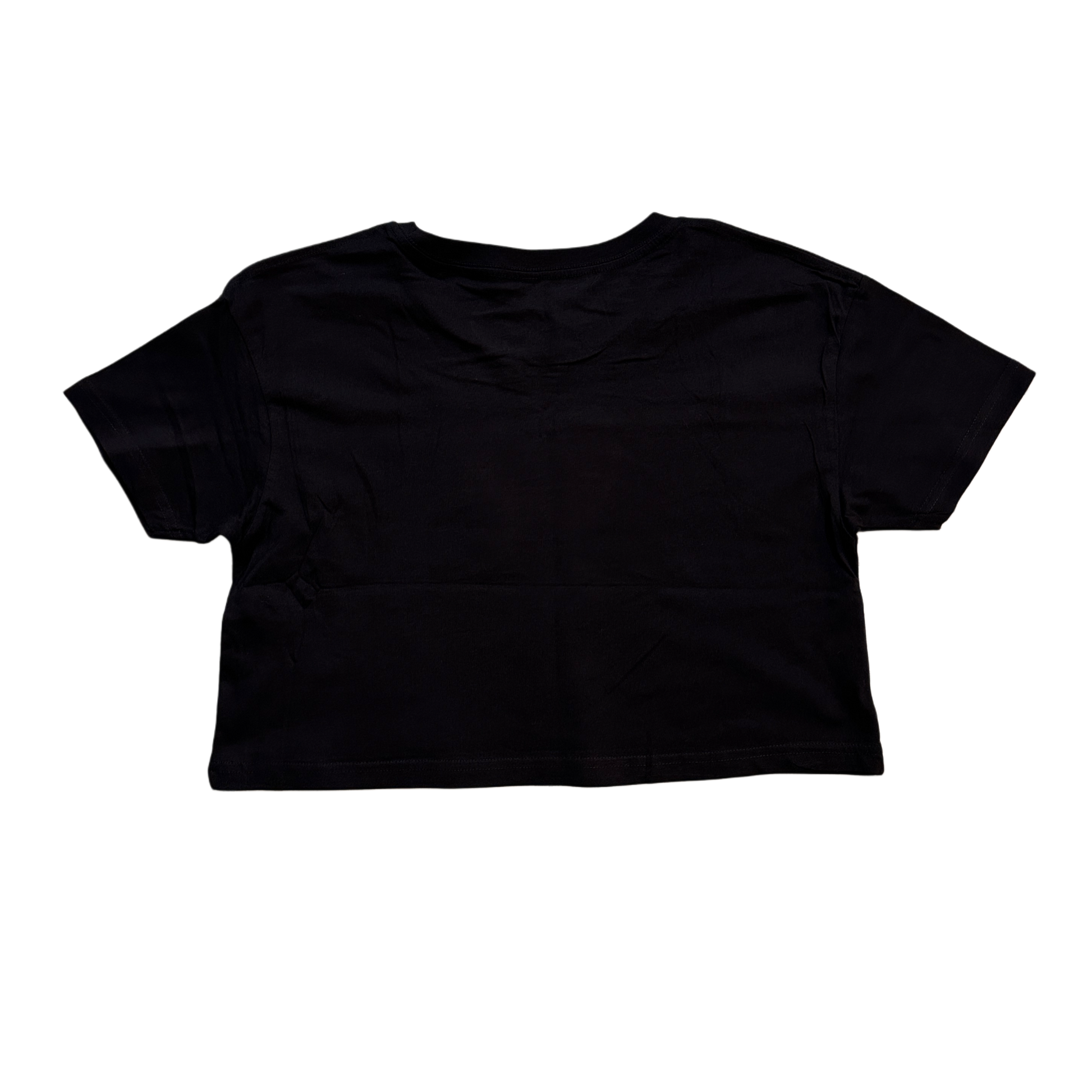 Back view of a plain Black crop top T-shirt 