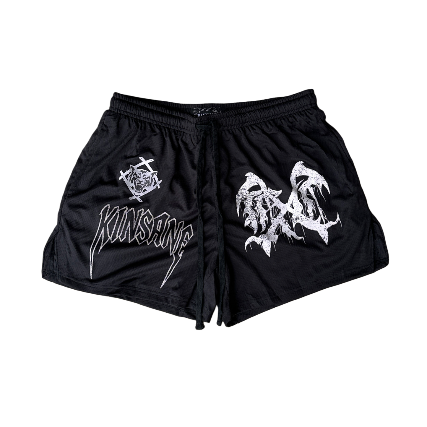 Black athletic shorts with black drawstrings and a white tiger logo and white lettering reading “KINSANE” on the right leg and a white logo on the left leg