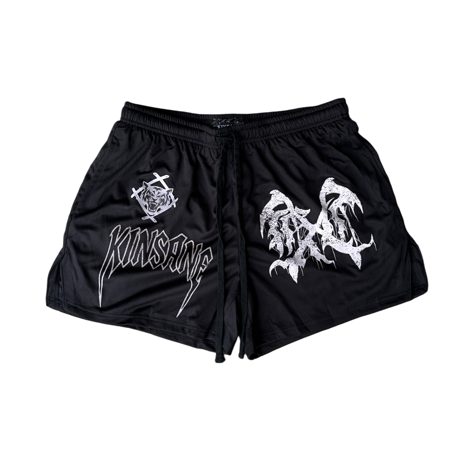 Black athletic shorts with black drawstrings and a white tiger logo and white lettering reading “KINSANE” on the right leg and a white logo on the left leg