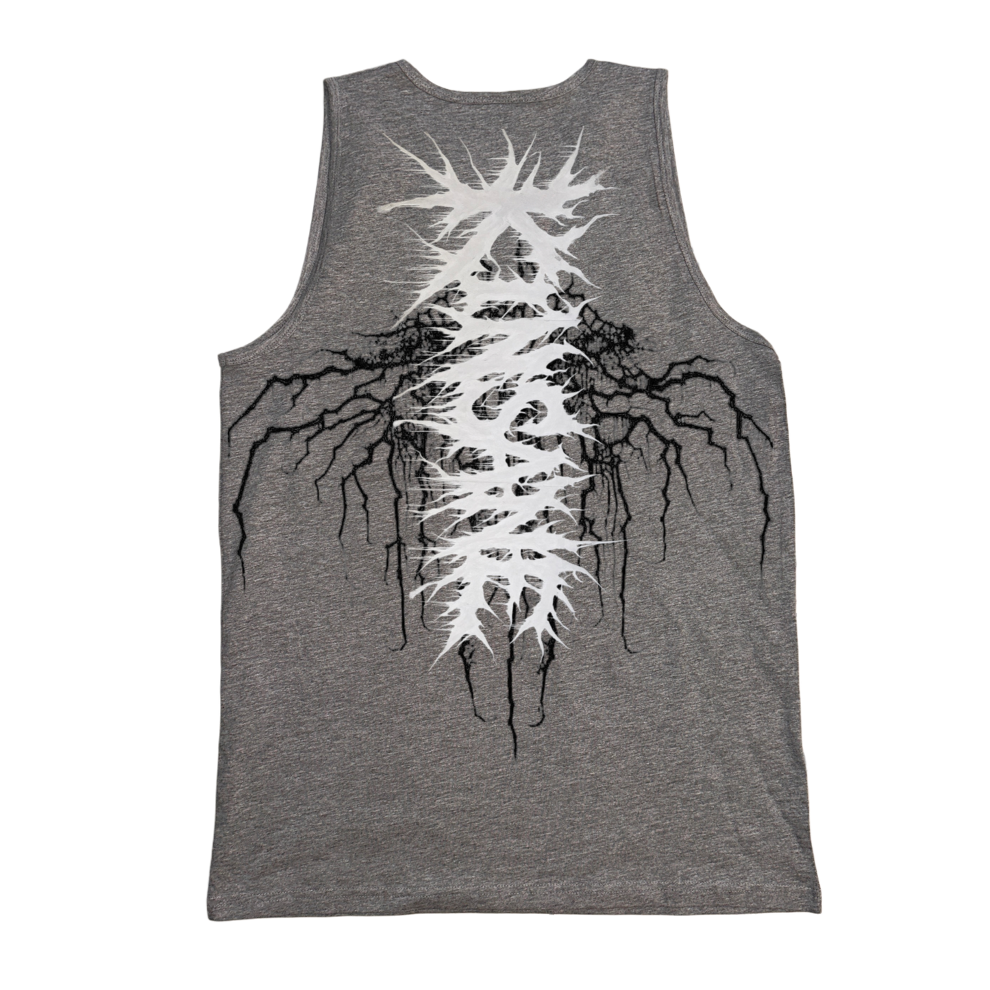 Back view of a gray tank top with white chaotic lettering reading “KINSANE” on top of black tribal cracks 