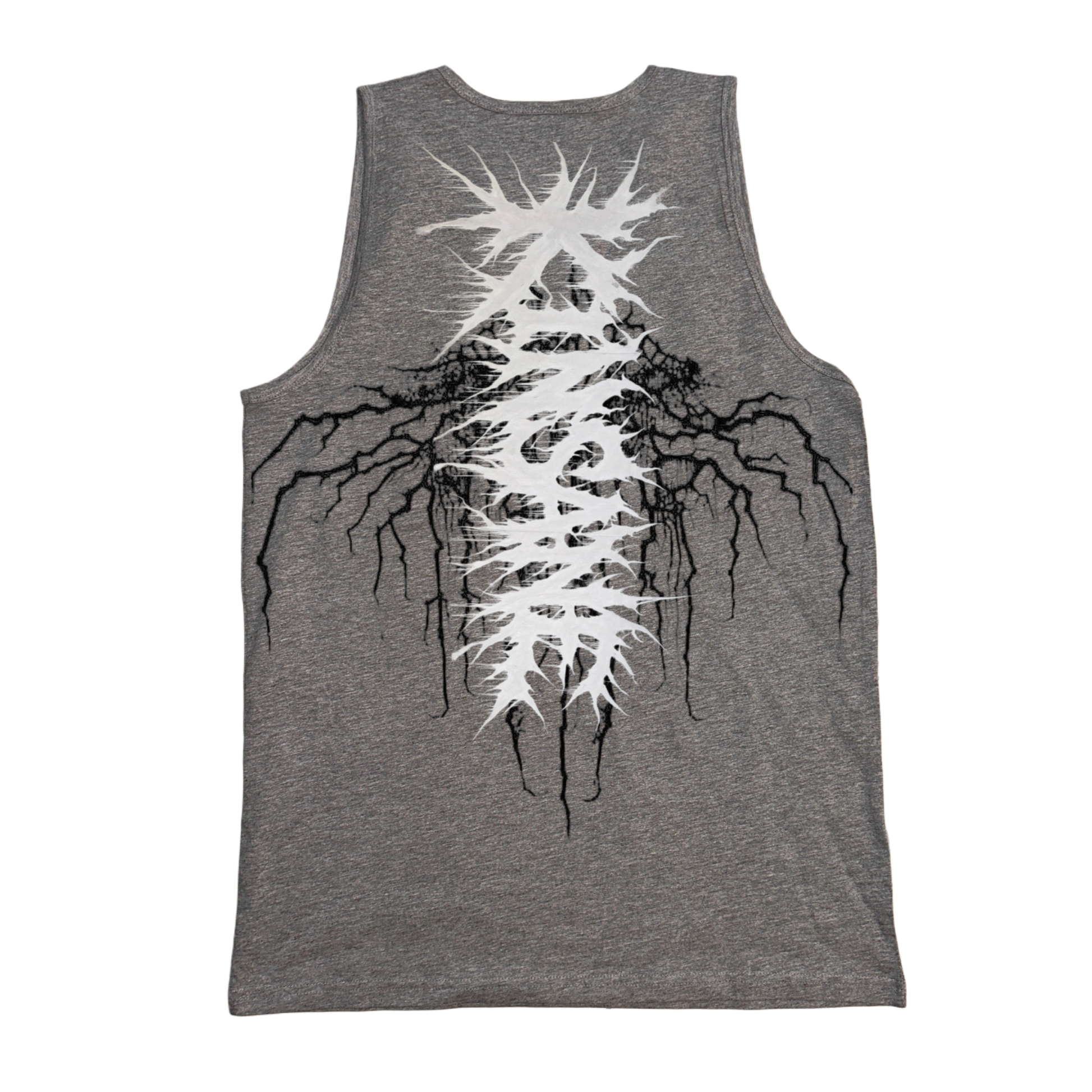 Back view of a gray tank top with white chaotic lettering reading “KINSANE” on top of black tribal cracks 