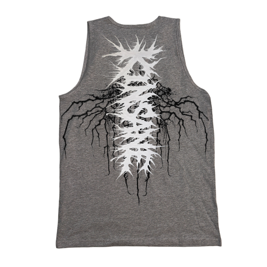 Back view of a gray tank top with white chaotic lettering reading “KINSANE” on top of black tribal cracks 
