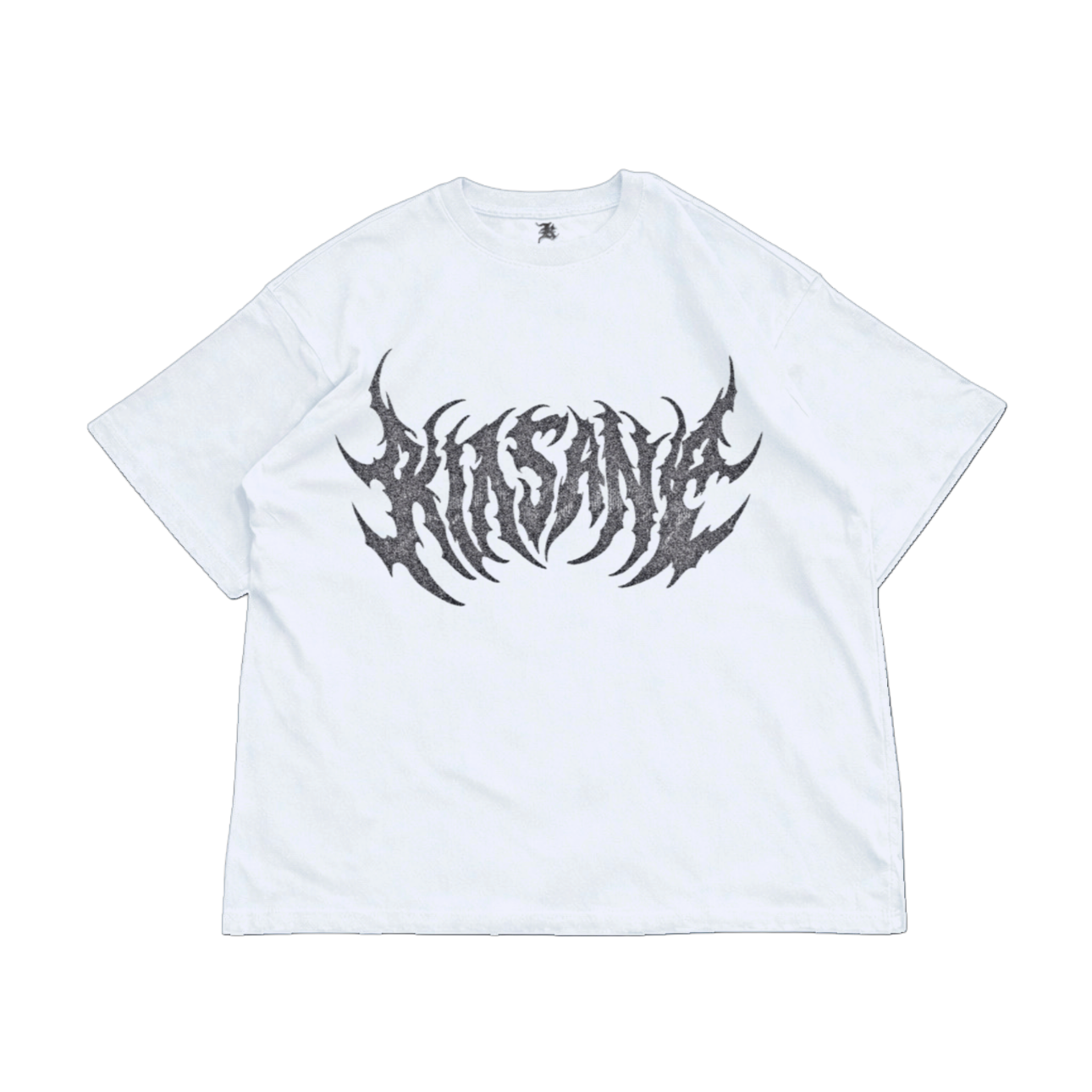 White t shirt with dark grey lettering reading “KINSANE”