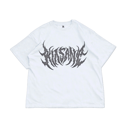 White t shirt with dark grey lettering reading “KINSANE”