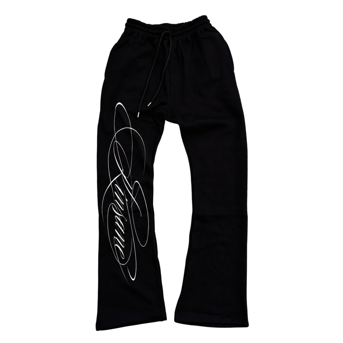 Black stacked sweatpants with white printed cursive font reading “Kinsane” on the left side 