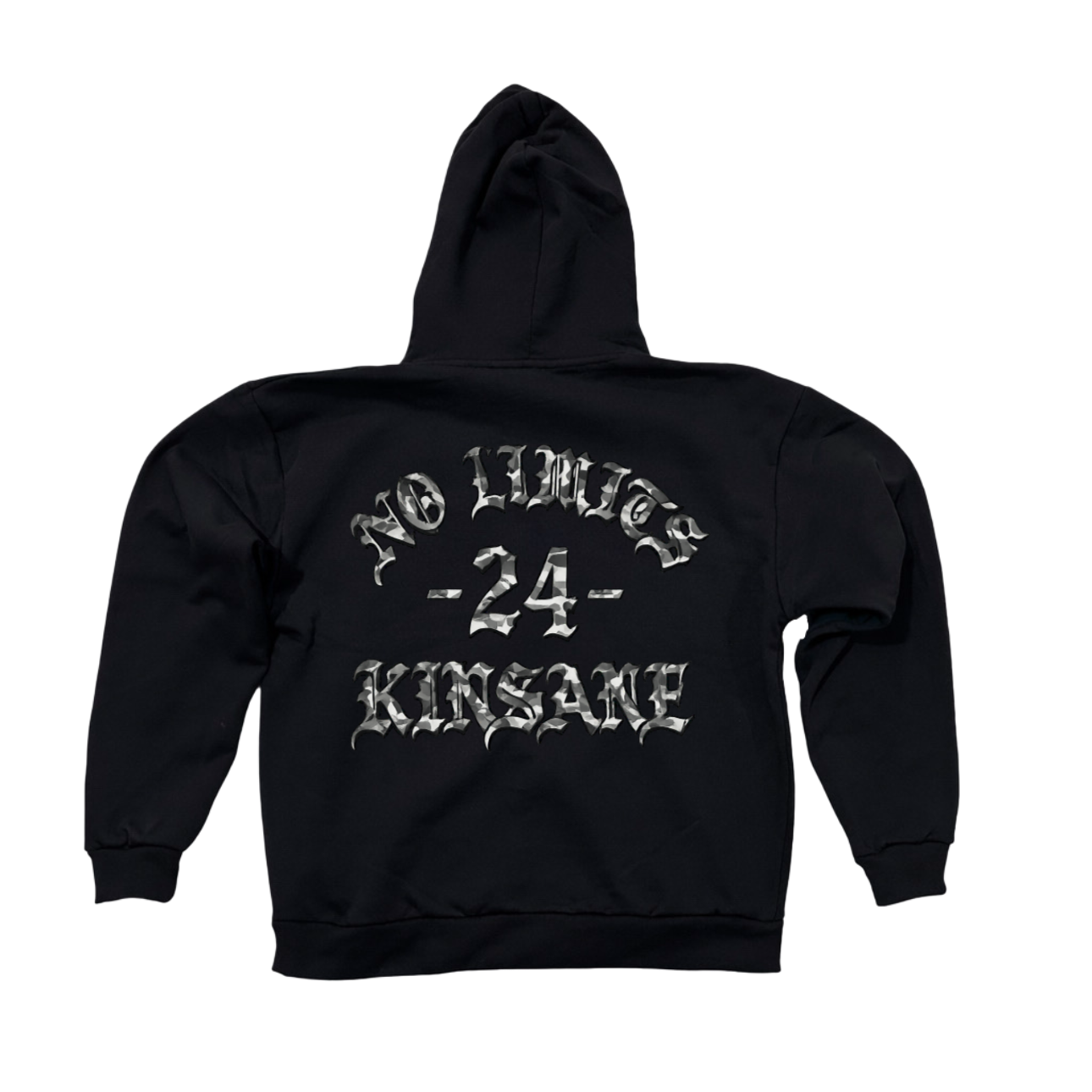 Back view of a black hoodie with white and gray camo filtered text reading “NO LIMITS -24- KINSANE” 