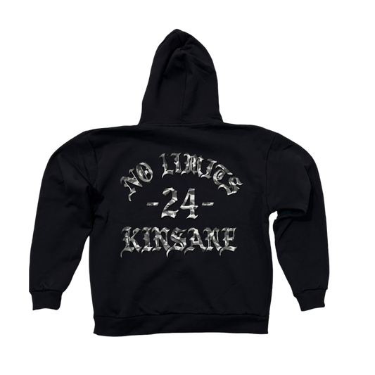 Back view of a black hoodie with white and gray camo filtered text reading “NO LIMITS -24- KINSANE” 
