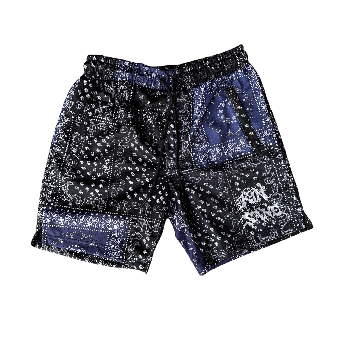 Black shorts with white and blue bandana design and black drawstrings and white lettering reading “KINSANE “ on the left leg 