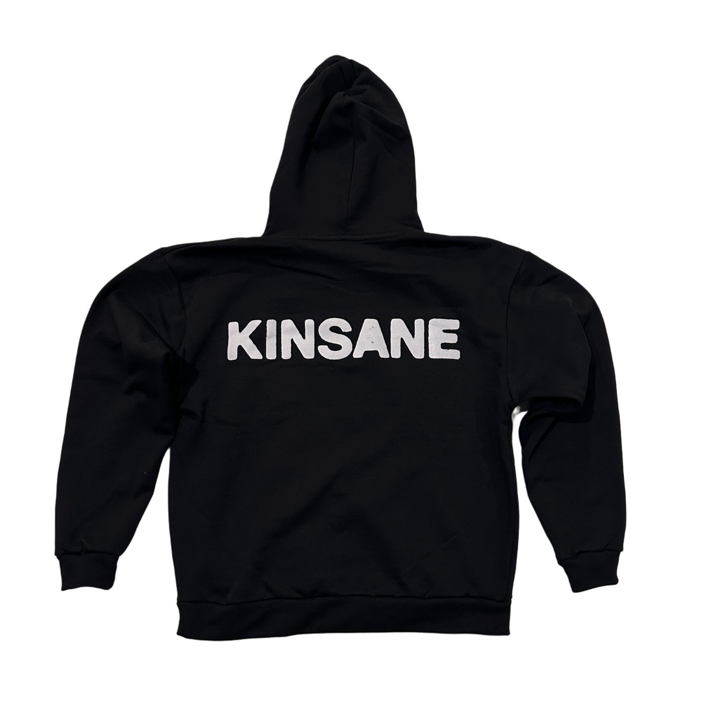 Back view of a black hoodie with white text reading “KINSANE” 