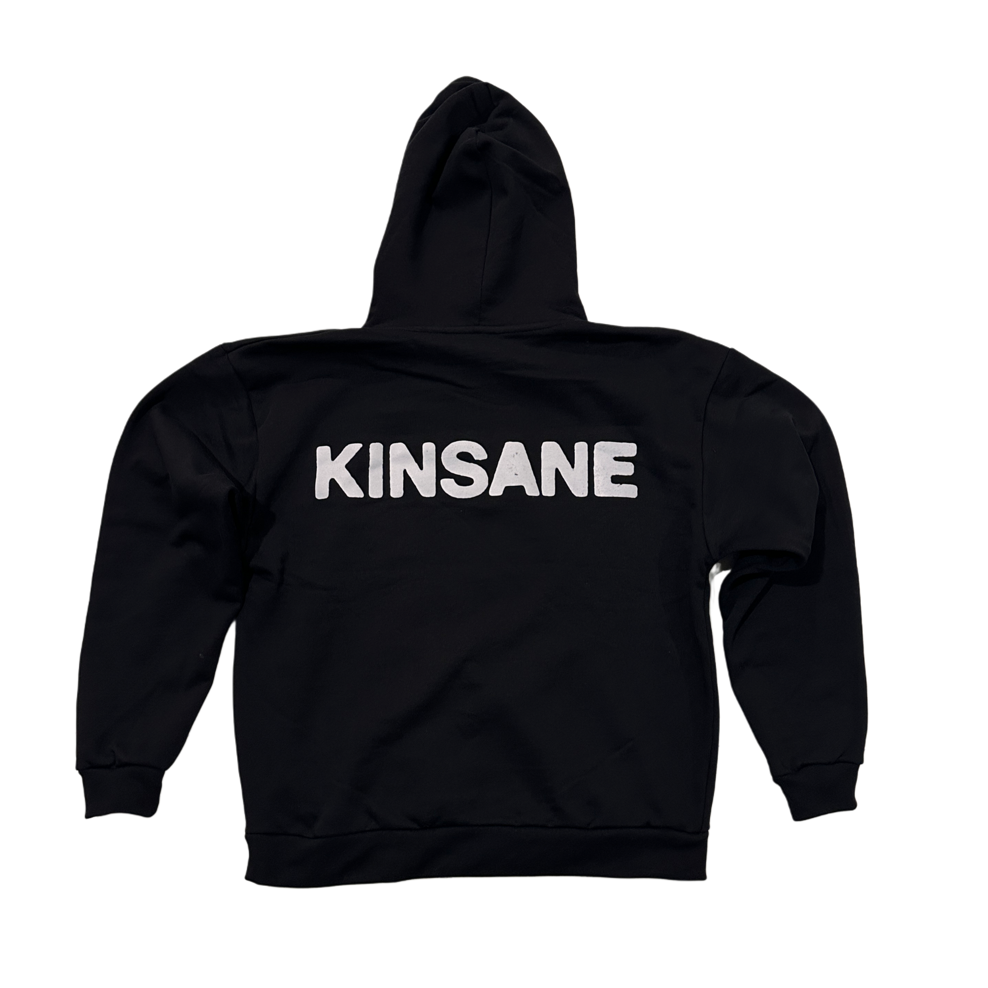 Back view of a black hoodie with white text reading “KINSANE” 