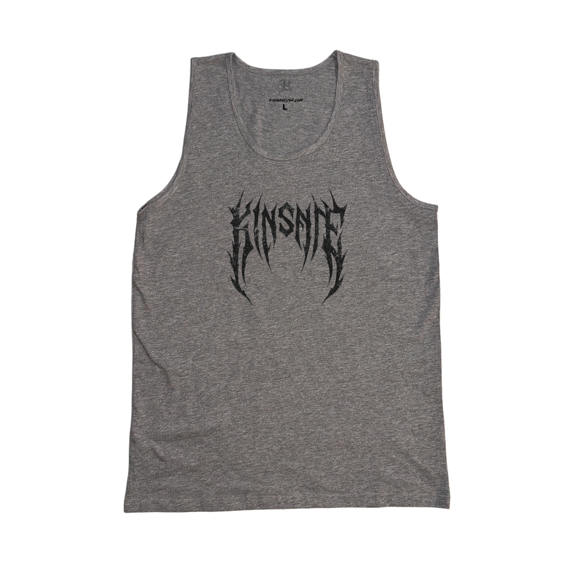 Grey tank top with black tribal lettering reading “KINSANE” 
