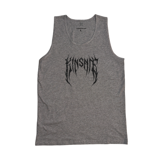 Grey tank top with black tribal lettering reading “KINSANE” 