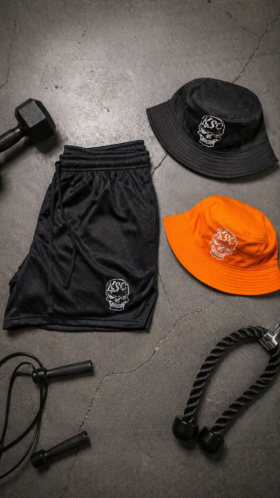 Black shorts with a skull logo and white text reading “KSC” and an orange & black hat with skull logo, black dumbbell, and jump rope on a gray concrete surface.