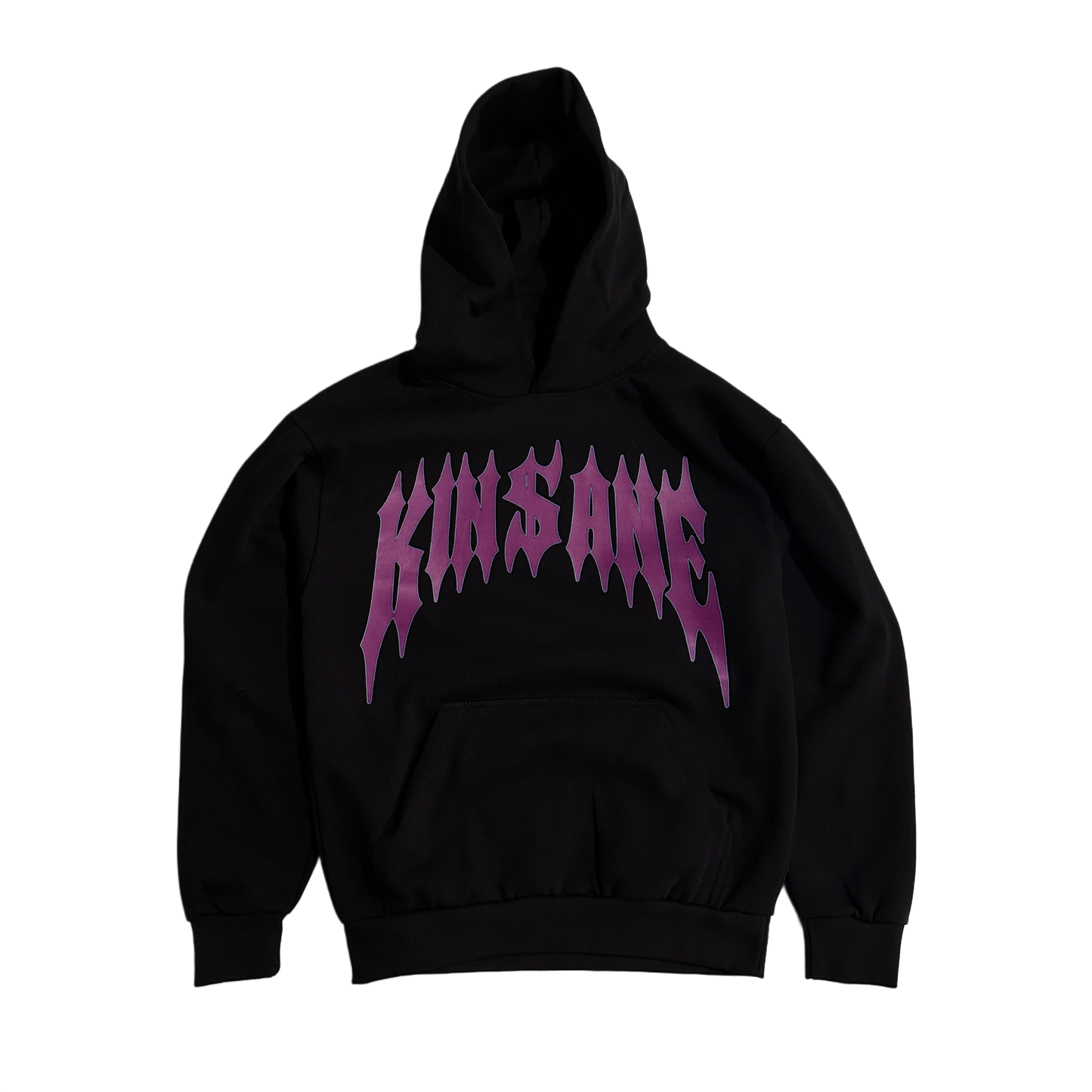 black hoodie with dark purple spiked lettering reading “KINSANE” 
