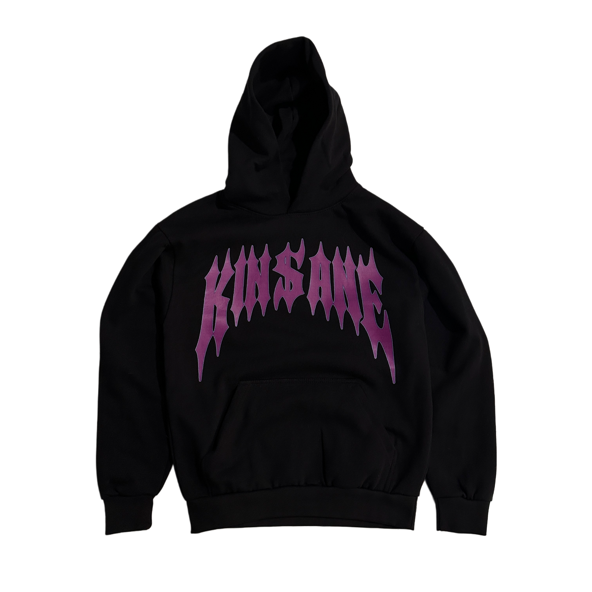 black hoodie with dark purple spiked lettering reading “KINSANE” 