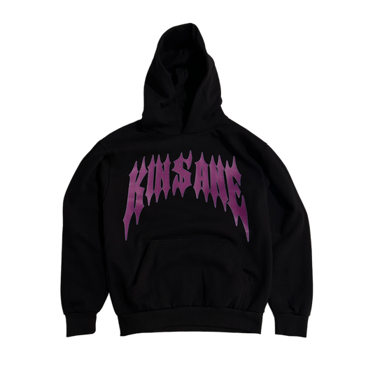 black hoodie with dark purple spiked lettering reading “KINSANE” 