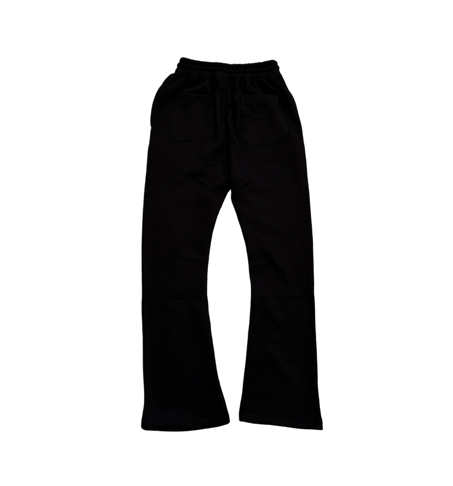 Back side of plain black sweatpants with two back pockets 