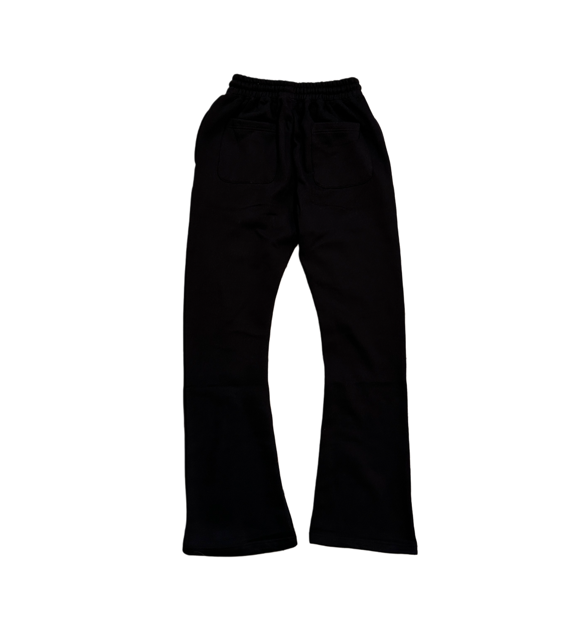 Back side of plain black sweatpants with two back pockets 