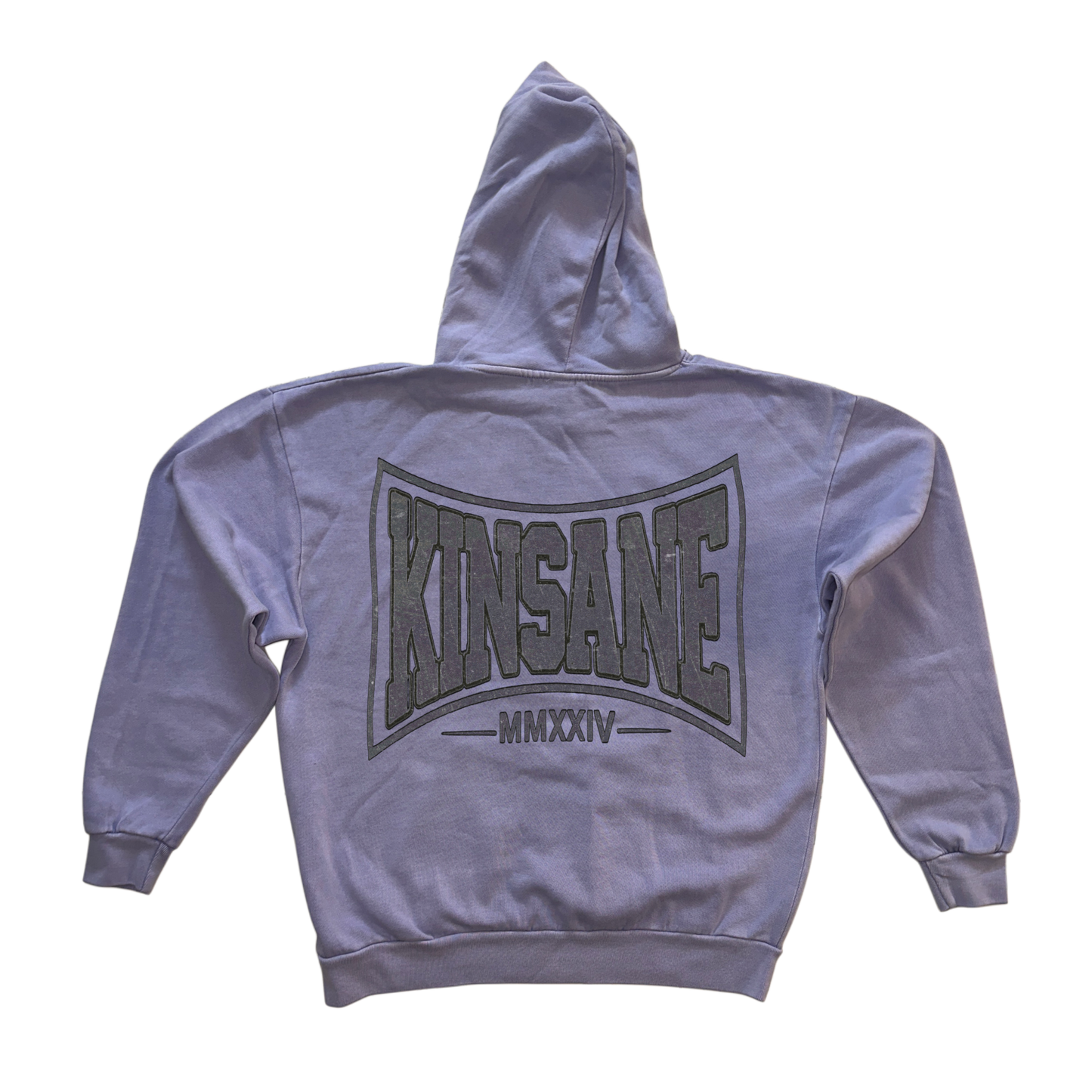 Back view of a light blue hoodie with a gray logo and text reading “KINSANE MMXXIV” 