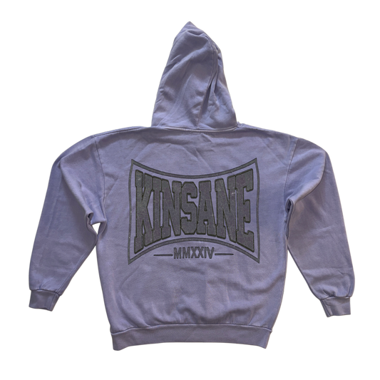 Back view of a light blue hoodie with a gray logo and text reading “KINSANE MMXXIV” 