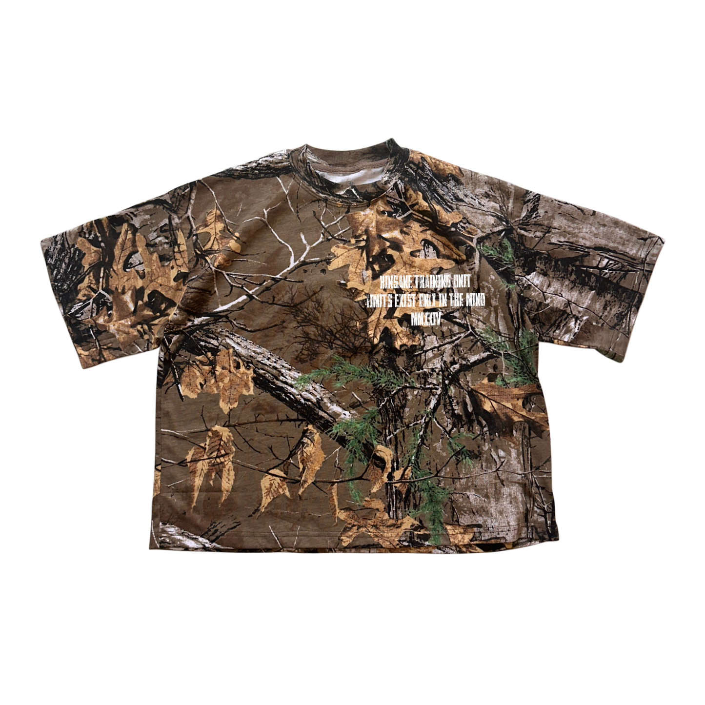 Camouflage t shirt with white text reading “KINSANE TRAINING UNIT LIMITS EXIST ONLY IN THE MIND MMXXIV” 