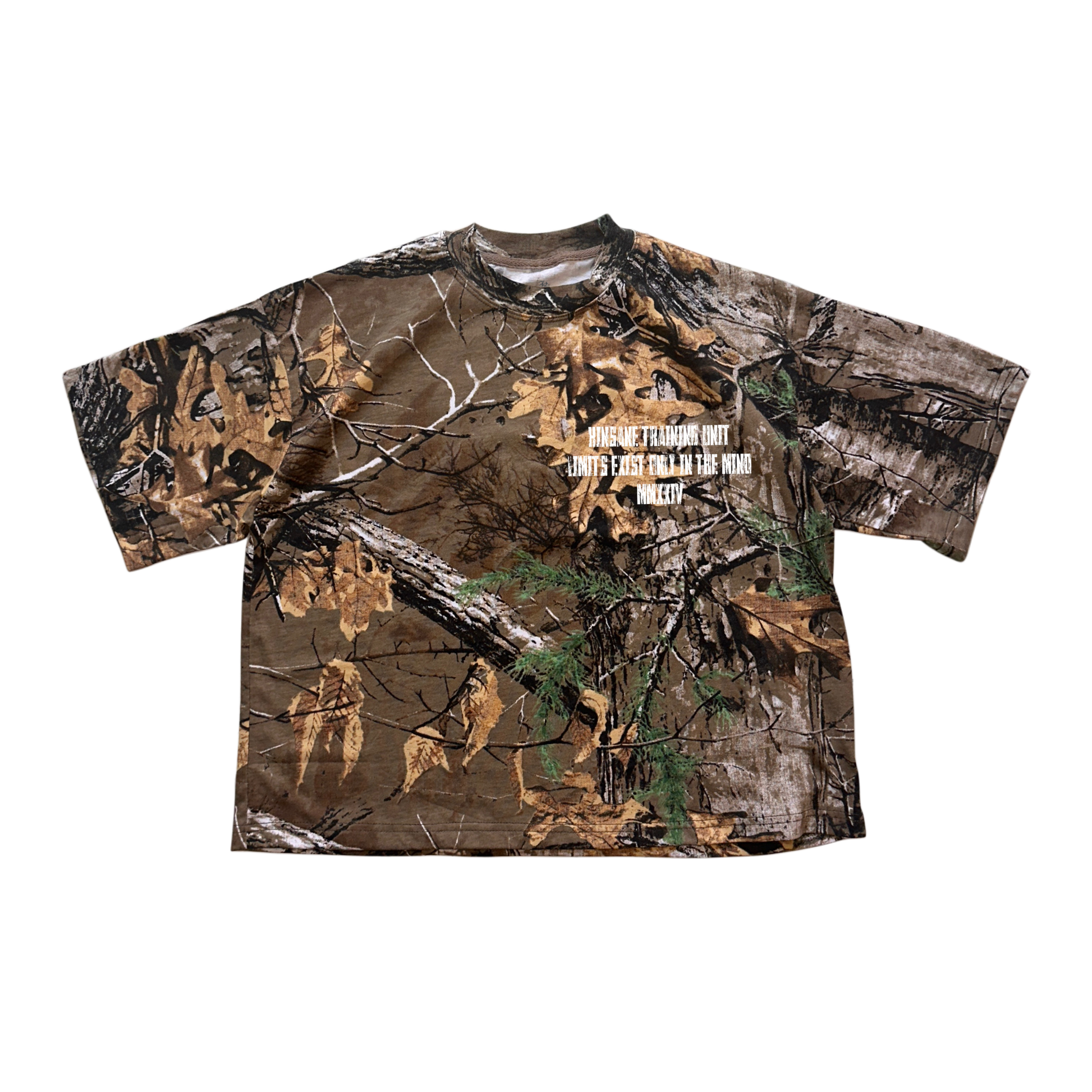 Camouflage t shirt with white text reading “KINSANE TRAINING UNIT LIMITS EXIST ONLY IN THE MIND MMXXIV” 