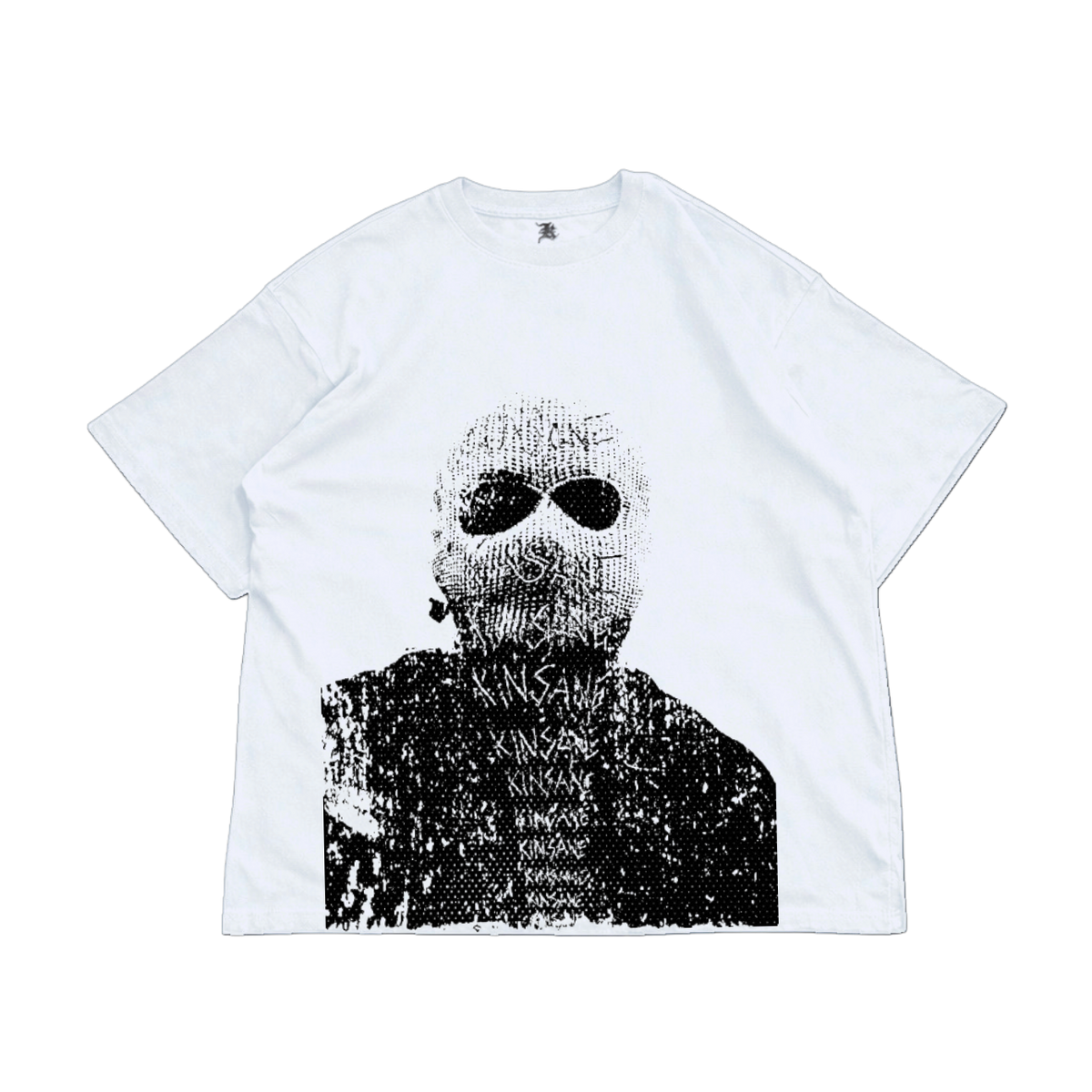 White t shirt with gray and black design of a man wearing a ski mask with “kinsane” scratched on it 