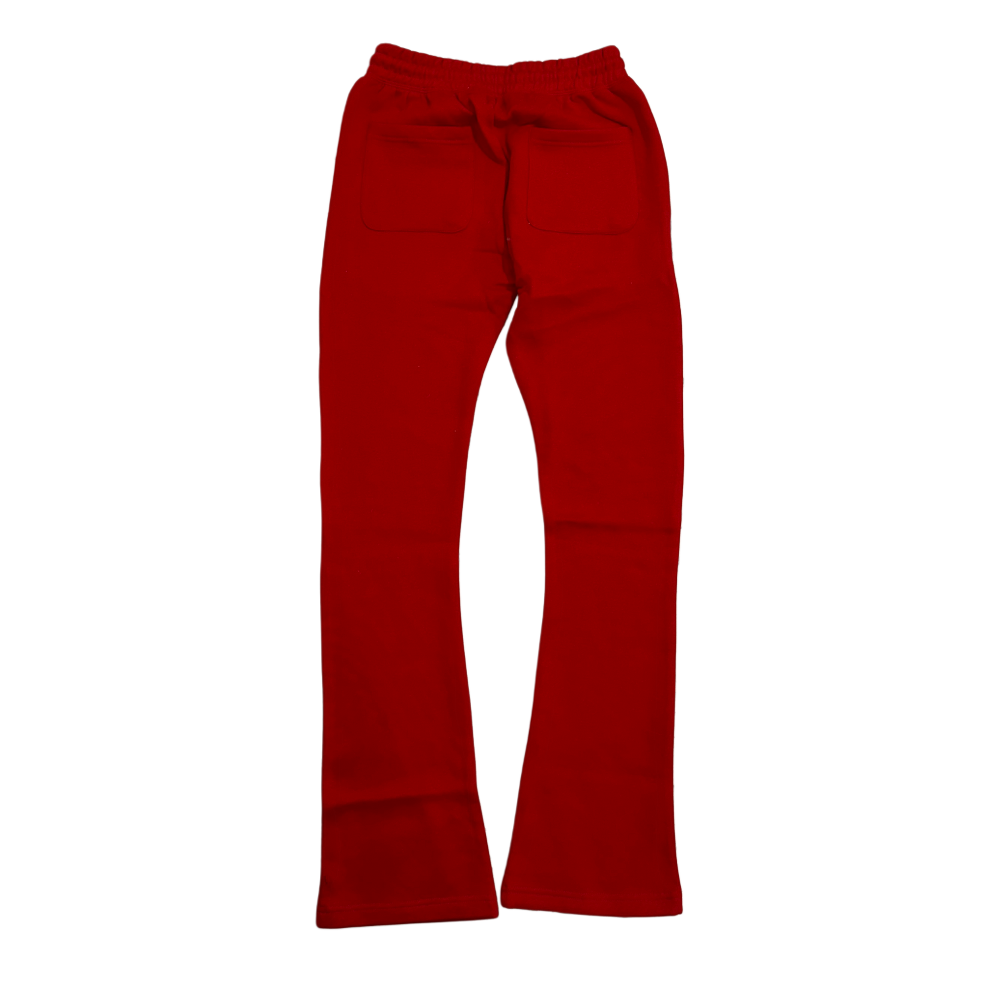 Back view of plain red stacked sweatpants 