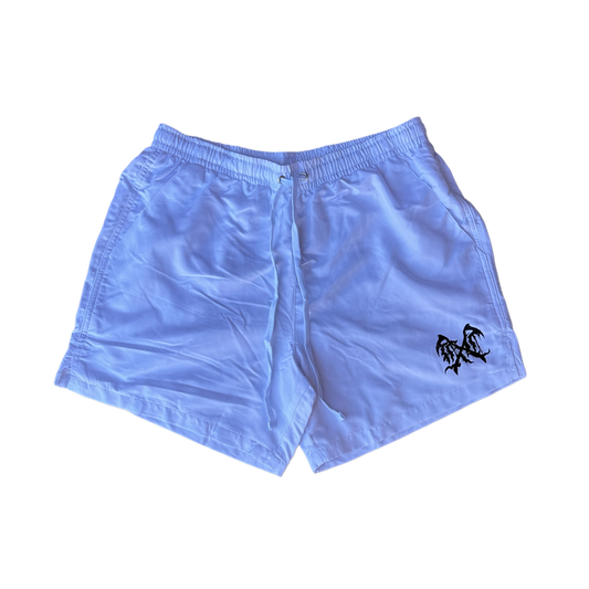 White trunks with a black logo on the left leg 