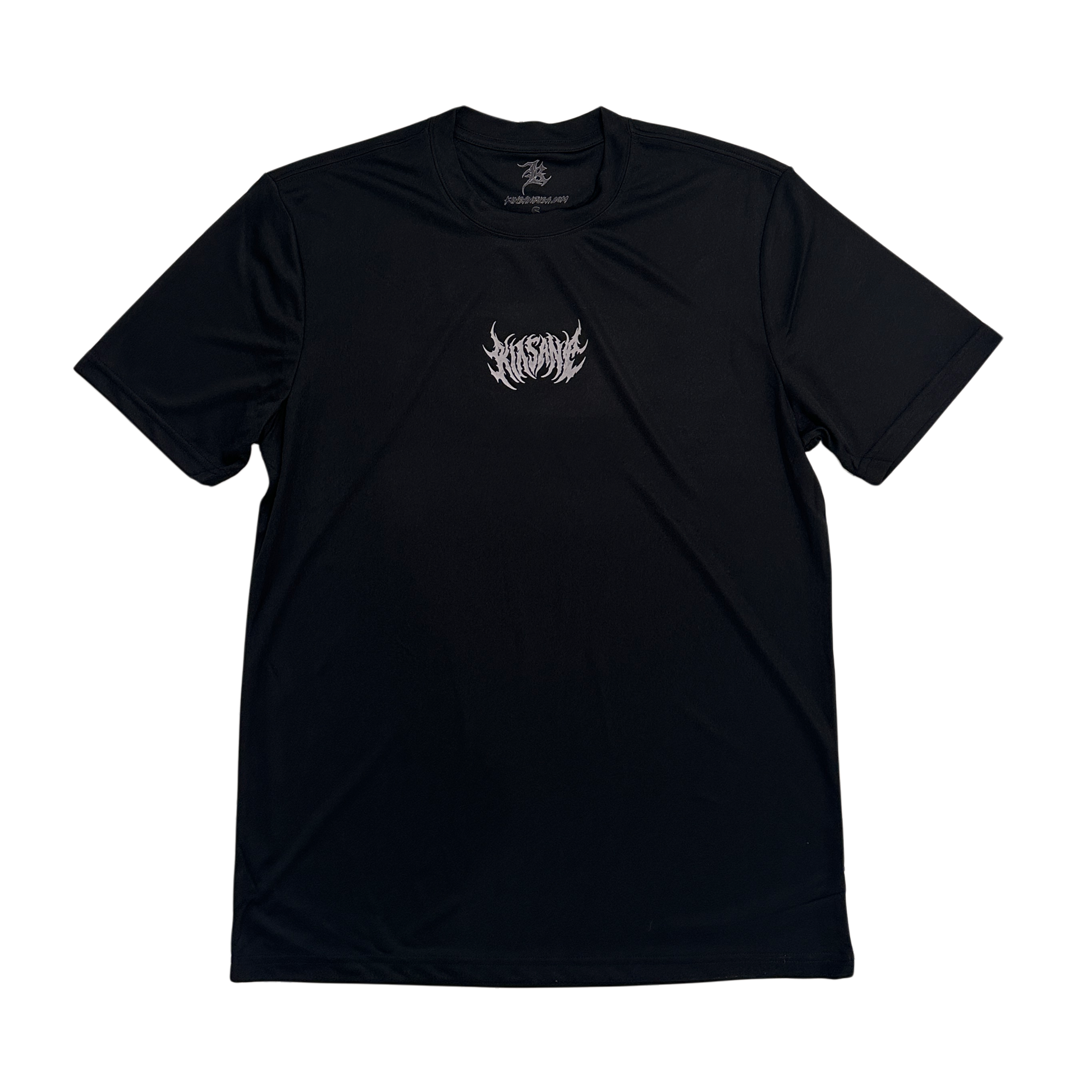 Black dry fit t shirt with white text logo reading “KINSANE” on the chest 