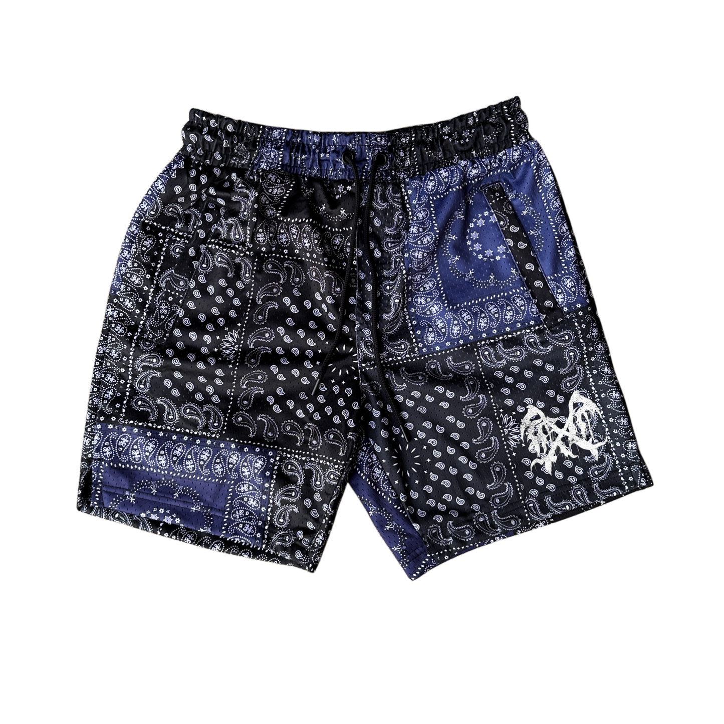 Black and blue bandana design shorts with black drawstrings and white logo on the right side 