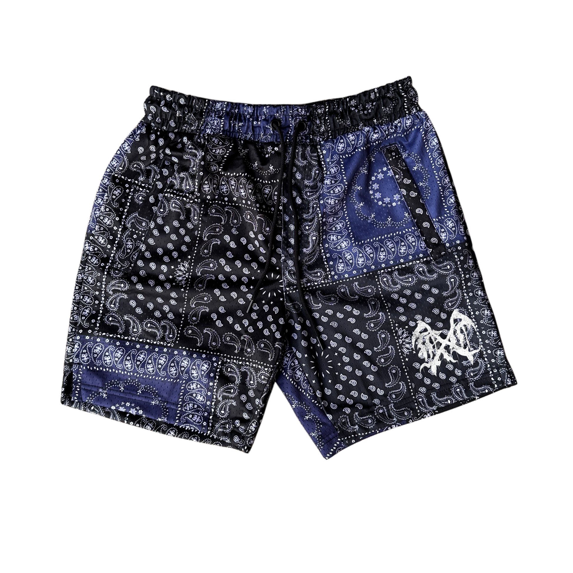 Black and blue bandana design shorts with black drawstrings and white logo on the right side 