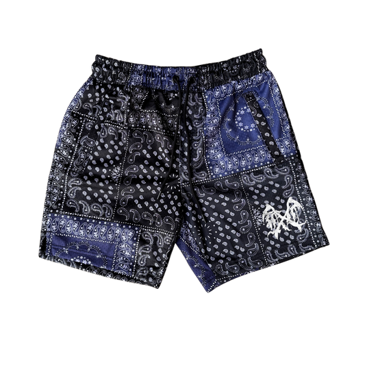 Black and blue bandana design shorts with black drawstrings and white logo on the right side 
