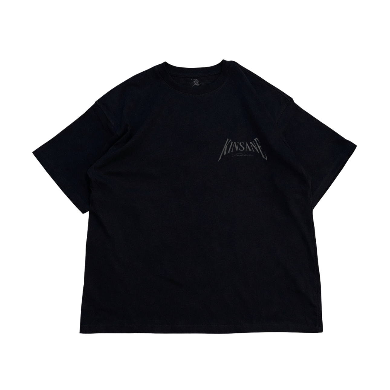 Black t shirt with gray text reading “KINSANE TEKKIN” 