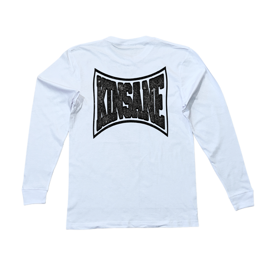 Back view of a white long sleeve shirt with black logo and text reading “KINSANE” 