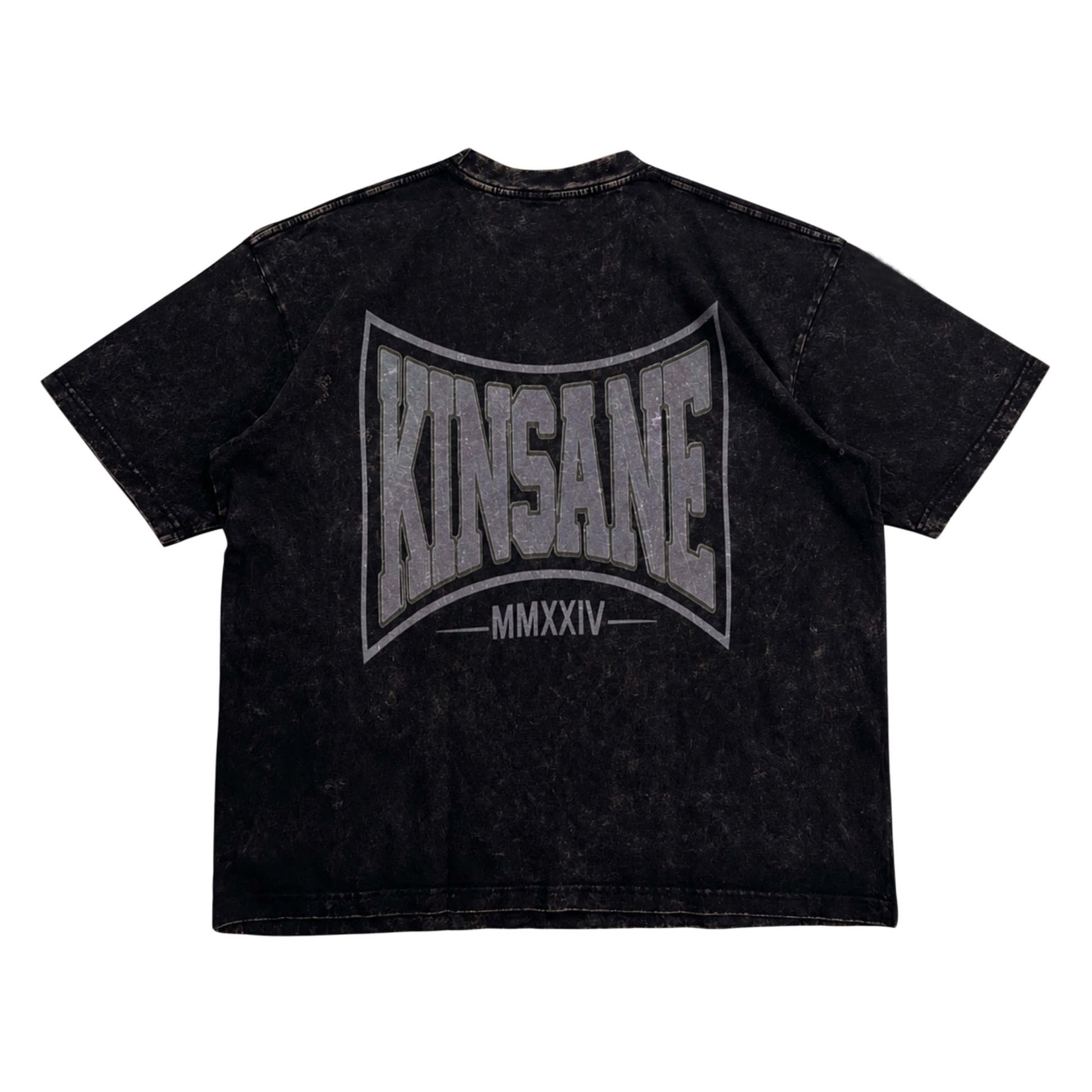 Back view of a acid washed black t shirt with grey logo and text reading “KINSANE MMXXIV” 