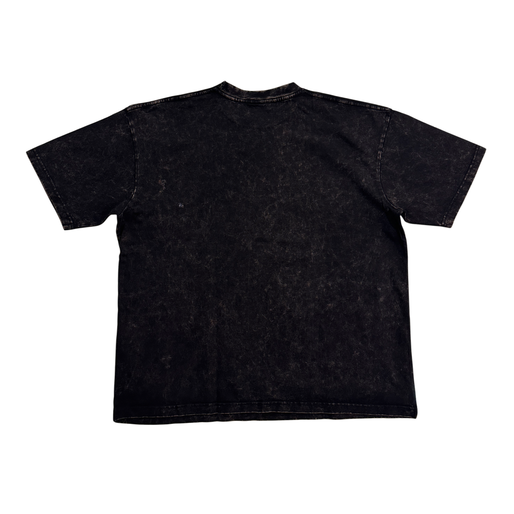 Back view of plain black acid washed t shirt 