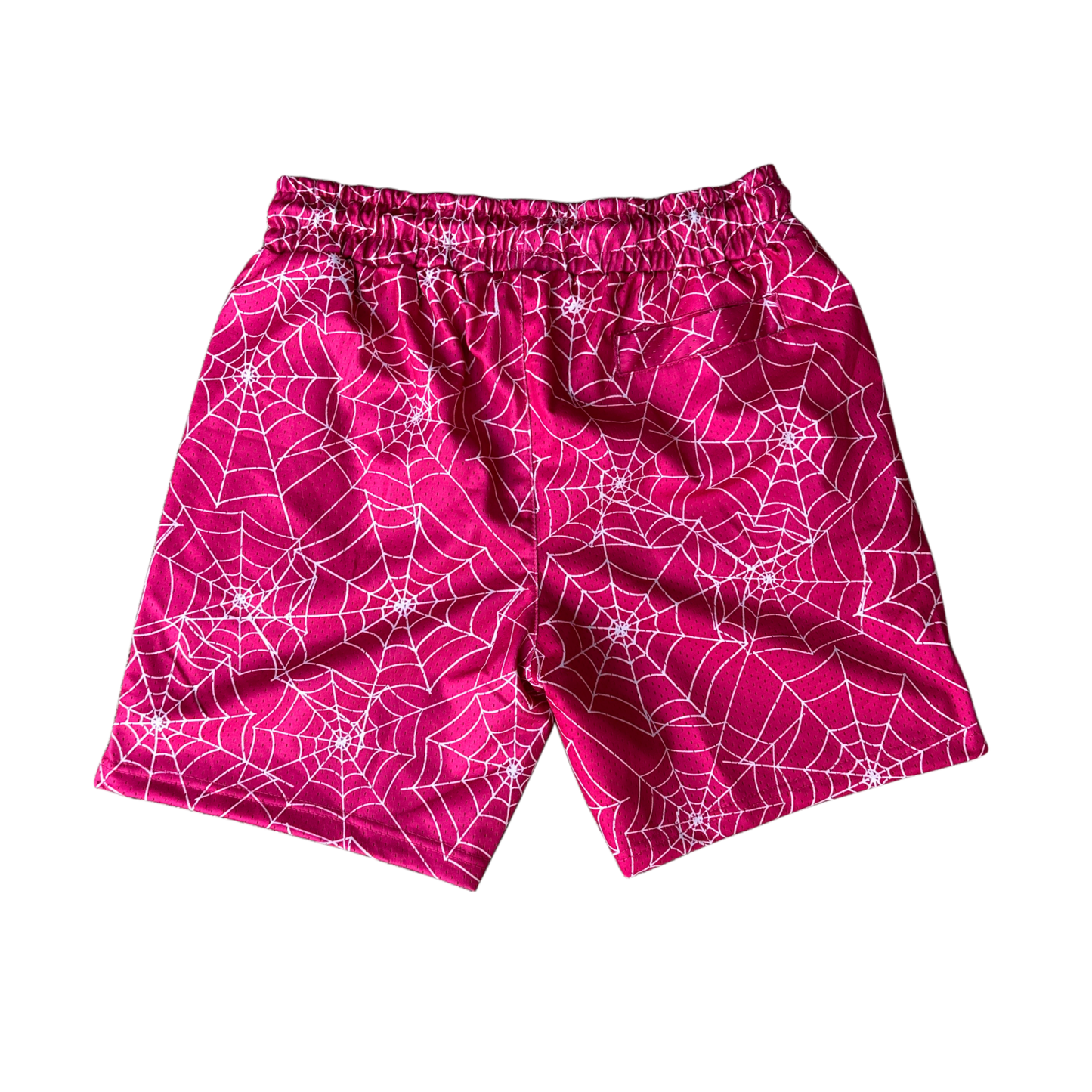 Back view of pink athletic shorts with webbed design 