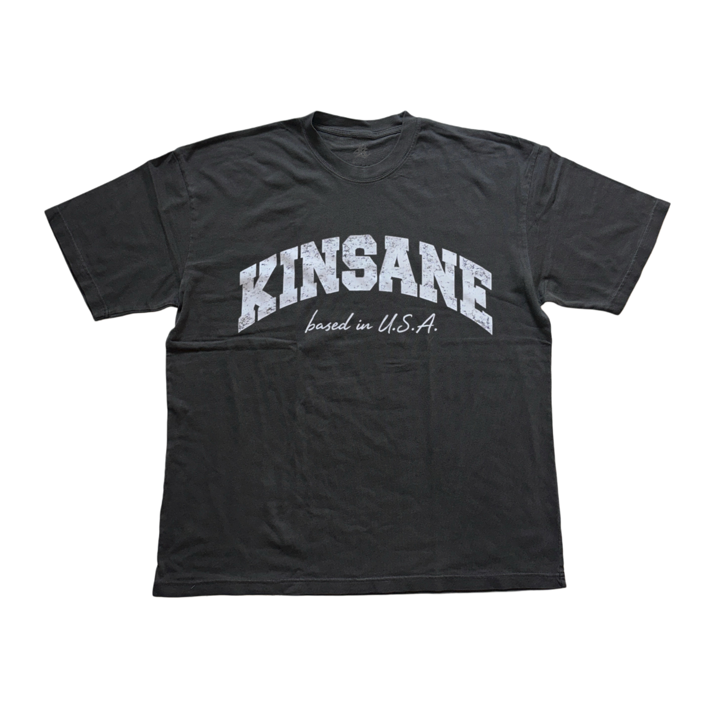 Grey t shirt with white text on the front reading “KINSANE BASED IN USA” 