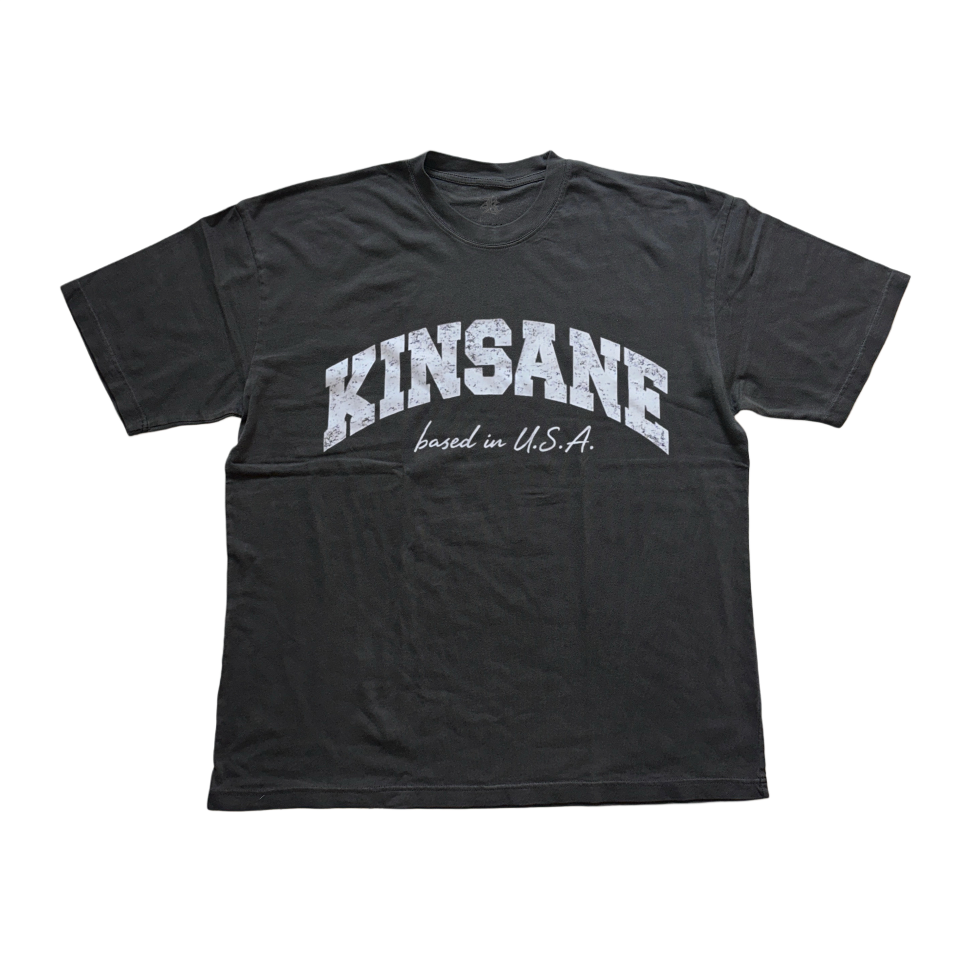 Grey t shirt with white text on the front reading “KINSANE BASED IN USA” 