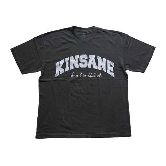 Grey t shirt with white text on the front reading “KINSANE BASED IN USA” 